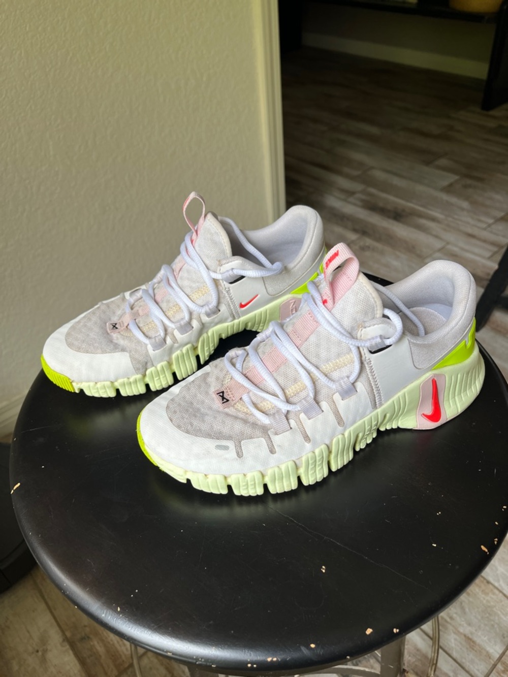 Nike Women's White Sneakers with Neon Green & Pink Accents